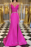Fuchsia V Neck Two Pieces Mermaid Lace Top Satin Long Prom Dress with Slit, Mermaid Lace Fuchsia Formal Graduation Evening Dress