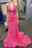 Halter Hot Pink Lace Ruched Mermaid Prom Dress