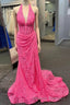 Halter Hot Pink Lace Ruched Mermaid Prom Dress