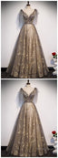 Elegant V Neck Gray Gold Tulle Lace Long Prom Dress, Tulle Formal Dress