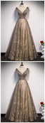 Elegant V Neck Gray Gold Tulle Lace Long Prom Dress, Tulle Formal Dress