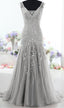 Silver Long Back Up Lace V Neck Beading Prom Dresses, Modest Prom Dresses, Charming Prom Dresses