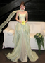 Gentle Light Green A-Line Strapless Layered Ruffled Tulle Train Prom Dress Evening Dress