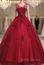 Get Your Discounts Burgundy Ball Gown Tulle Appliques V-neck Quinceanera Dress