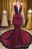Burgundy Halter Deep V Neck Mermaid Prom Dress with Lace, Long Evening Gown