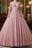 Girls Sequins V neck Dusty Rose Prom Dress A-line Tulle Ball Gown Quinceanera Dress Sweet 16 Party Dress