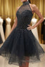 Glamorous A Line High Neck Beaded Tulle Short Black Prom Dress, Beaded Black Homecoming Dress, Black Short Formal Graduation Evening Dress