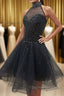 Glamorous A Line High Neck Beaded Tulle Short Black Prom Dress, Beaded Black Homecoming Dress, Black Short Formal Graduation Evening Dress