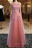 Glamorous Long Evening Dress Lace Cameo Pink Party Dress A Line Applique Tulle Maxi Formal Dress