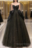 Glitter A-Line Sweetheart Neck Tulle Satin Ballgown Black Long Prom Dress Sparkly Evening Dress