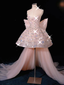 Glitter Strapless Tulle Beaded Mini Birthday Dress Pink Homecoming Dress With Bow