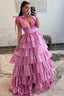 Glitter Tie Straps Pink Plunging Neck Tiered Long Prom Dress
