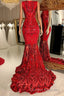 Glittery Long Red Mermaid Sleeveless Prom Dress Sequin