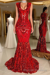 Glittery Long Red Mermaid Sleeveless Prom Dress Sequin