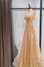 Gold Aline Tulle V Neck Long Prom Dress, Gold Formal Dress