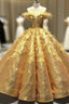 Gold Ball Gown Sequins Appliques See Through V-neck Prom Dress With Feather