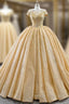 Gold Ball Gown Sequins Cap Sleeve Appliques Prom Dress