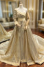 Gold Ball Gown Sequins One Shoulder Long Sleeve Appliques Prom Dress