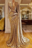 Gold Evening Dress A-Line V-Neck Long Sleeves Sequins Long Turkey Dubai Saudi Arabic Evening Gown Prom Dress