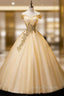 Gold Floor Length Tulle Beading Formal Dress, Lovely Off the Shoulder Evening Party Dress