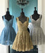 Gold Lace V Neck Knee Length Prom Homecoming Dress