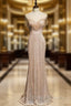 Gold Mermaid Sequins Beading Tassel Cap Sleeve Prom Dress