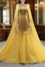 Gold Mermaid Tulle Sequins Crystal Spaghetti Straps Prom Dress With Shawl