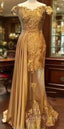 Gold Muslim Evening Dress Mermaid Off The Shoulder Lace Beaded Islamic Dubai Saudi Arabic Long Formal Evening Gown Prom