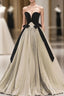 Gold Pleats Strapless Black Velvet Prom Dress