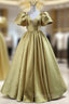 Gold Satin Puff Sleeve V-neck Prom Dress