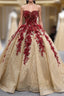 Gold Sequins Burgundy Appliques Strapless Prom Dress