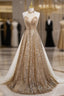 Gold Sequins Halter Backless Beading Prom Dress