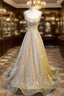 Gold Sequins Straps Beading Prom Dress