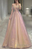 Gold Sparkle A Line Tulle Sequin Long Prom Dress