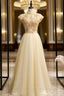 Gold Tulle High Neck Beading Open Back Prom Dress