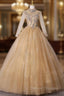 Gold Tulle High Neck Long Sleeve Backless Quinceanera Dress