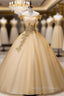 Gold Tulle Off The Shoulder Sequins Beading Quinceanera Dress