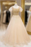 Gold Tulle Sequins Beading Puff Sleeve Prom Dress