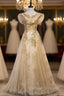 Gold Tulle Sequins Cap Sleeve Scoop Prom Dress