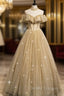Gold Tulle Sequins High Neck Backless Beading Prom Dress