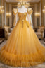 Gold Tulle Sequins Long Sleeve Backless Quinceanera Dress