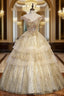 Gold Tulle Sequins Off the Shoulder Quinceanera Dress