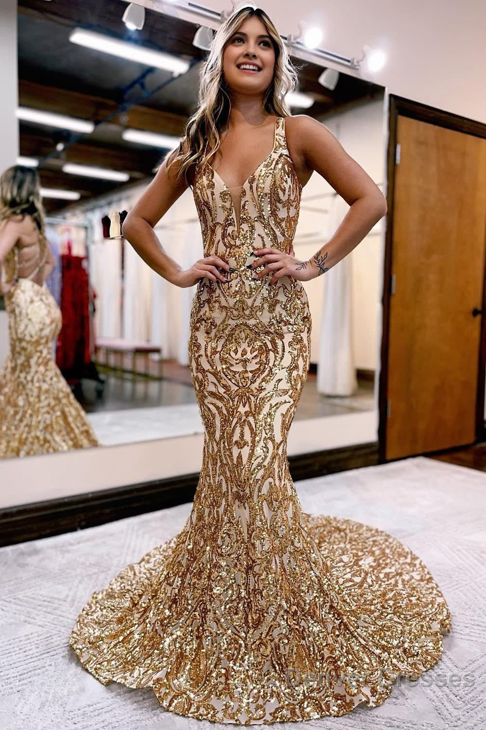 Golden Sequin Sparkly Mermaid Prom Dress – Denver Dresses