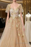 Golden Short Sleeves A-Line Tulle Prom Dress,