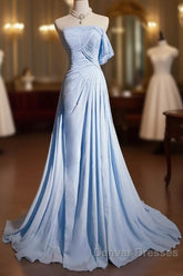 Gorgeous Blue A-Line Chiffon Pleated One Shoulder Slit Long Evening Gown Ball Gown Wedding Dress