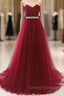 Gorgeous Burgundy Sweetheart Long Prom Dress Tulle Crystal Evening Gown