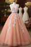 Gorgeous Coral Tulle High Quality V-neck Lace Appliques Beads Party Dress, Long Formal Dress