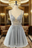Gorgeous Grey Homecoming Dress A Line Spaghetti Straps Short Prom Dress with Beading