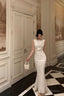 Gorgeous Mermaid Jewel Neckline White Satin Floral Date Night Dress Long Prom Dresses Birthday Outfits