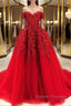 Gorgeous Off Shoulder Red Lace Long Prom Dress, Red Lace Formal Evening Dress, Red Ball Gown